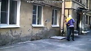 Sexy blonde caught and fucked in an abandoned house